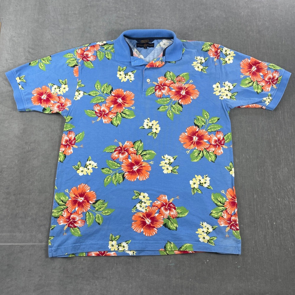 Tommy Hilfiger Men M Blue Polo Shirt Floral Hibiscus Short Sleeve Hong Kong